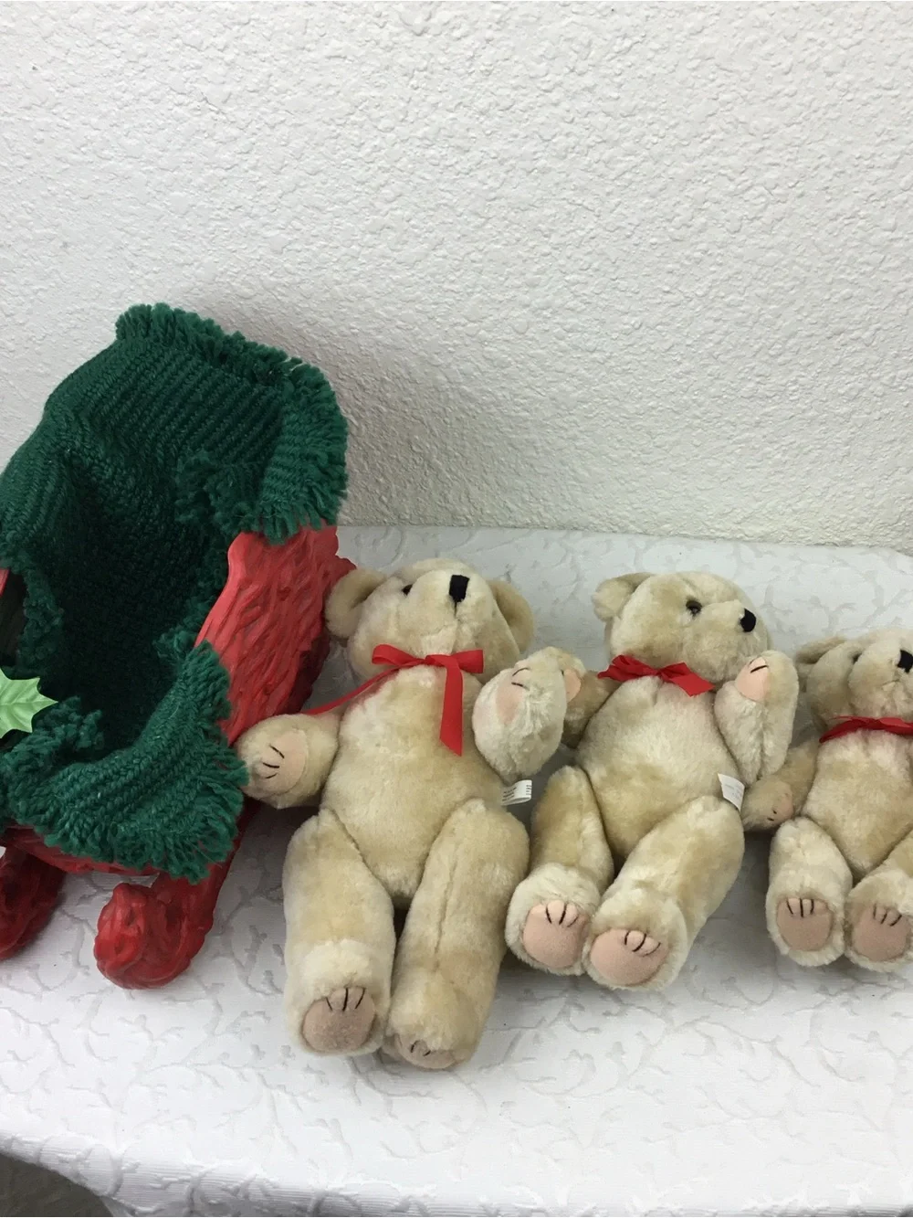 Plush Teddy Trio in Cream with Red Ribbons - Holiday Decorative Set